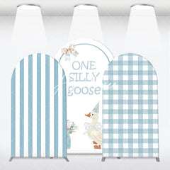 Aperturee - Aperturee One Silly Goose Light Blue Arch Backdrop Kit Stripe and Gingham Patterns for Baby Shower First Birthday Party Decor
