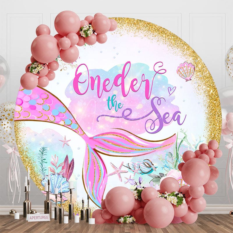 Aperturee - Aperturee Oneder The Sea Gold Glitter Mermaid Round Backdrop