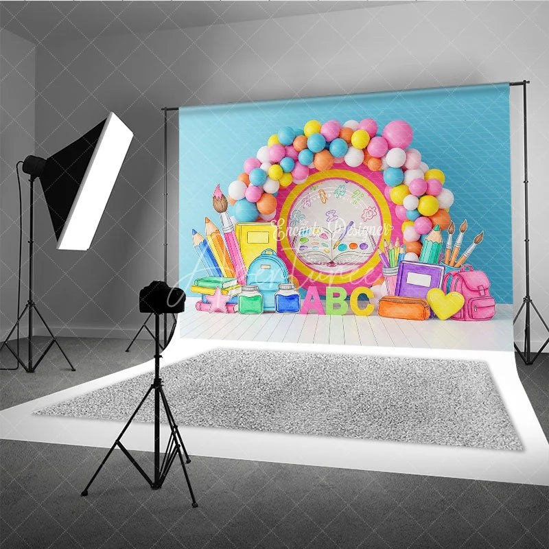 Aperturee - Aperturee Open Book Back To School Backdrop ABC Letters School Supplies Balloon Arch Background Student Photography Prop