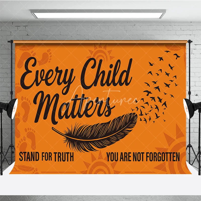 Aperturee - Aperturee Orange and Black Every Child Matters Holiday Backdrop featuring a feather flying birds and footprints