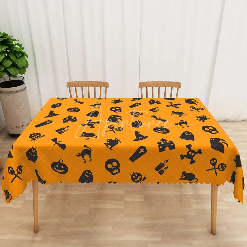 Aperturee - Aperturee Orange and Black Halloween Rectangle Tablecloth with Ghosts and Skulls for Spooky Party Decor
