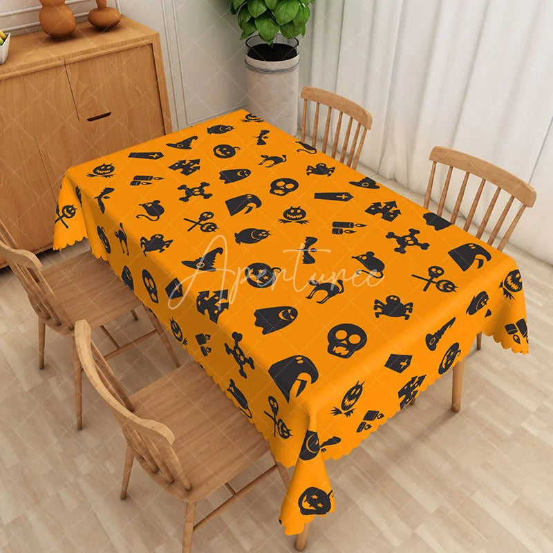 Aperturee - Aperturee Orange and Black Halloween Rectangle Tablecloth with Ghosts and Skulls for Spooky Party Decor