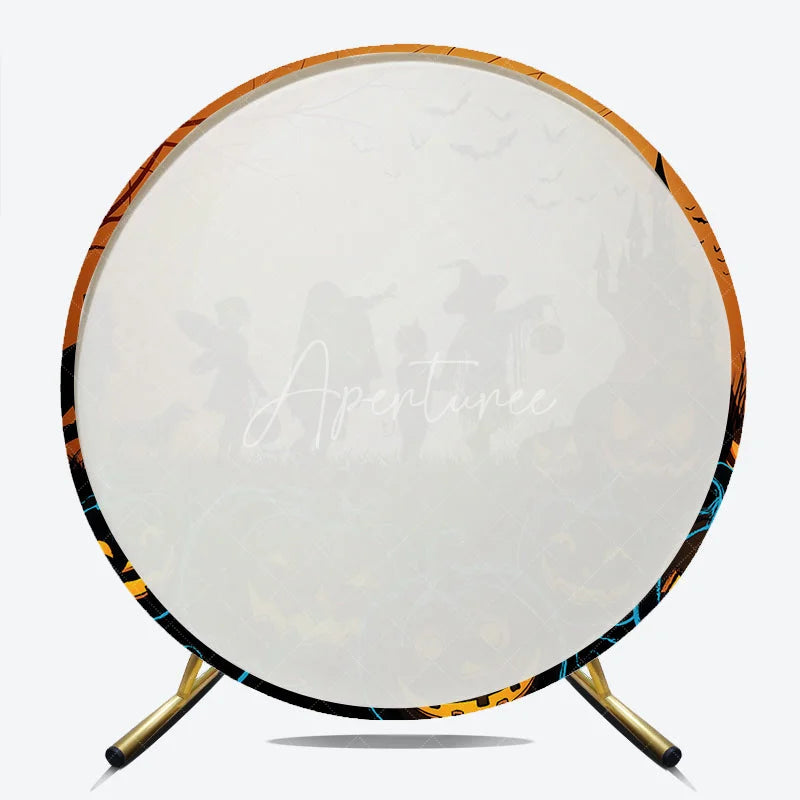 Aperturee - Aperturee Orange and Black Halloween Round Backdrop with Full Moon Bats Haunted Castle Trick or Treaters with Jack-O-Lanterns