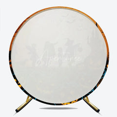 Aperturee - Aperturee Orange and Black Halloween Round Backdrop with Full Moon Bats Haunted Castle Trick or Treaters with Jack-O-Lanterns