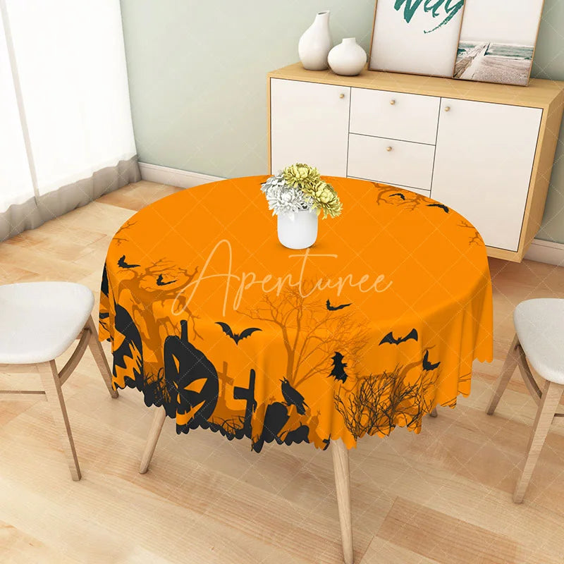 Aperturee - Aperturee Orange and Black Halloween Round Tablecloth with Jack-o’-Lanterns and Bats for Spooky Party Decor