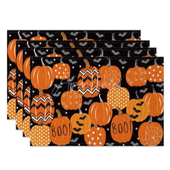 Aperturee - Aperturee Orange and Black Pumpkin Bat Halloween Set of 4 Placemats for Spooky Holiday Dining and Party Decor