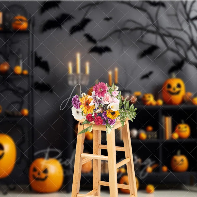 Aperturee - Aperturee Orange and Black Spooky Halloween Holiday Backdrop with Carved Pumpkins Flying Bats and Eerie Tree Decor