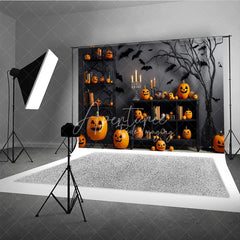Aperturee - Aperturee Orange and Black Spooky Halloween Holiday Backdrop with Carved Pumpkins Flying Bats and Eerie Tree Decor