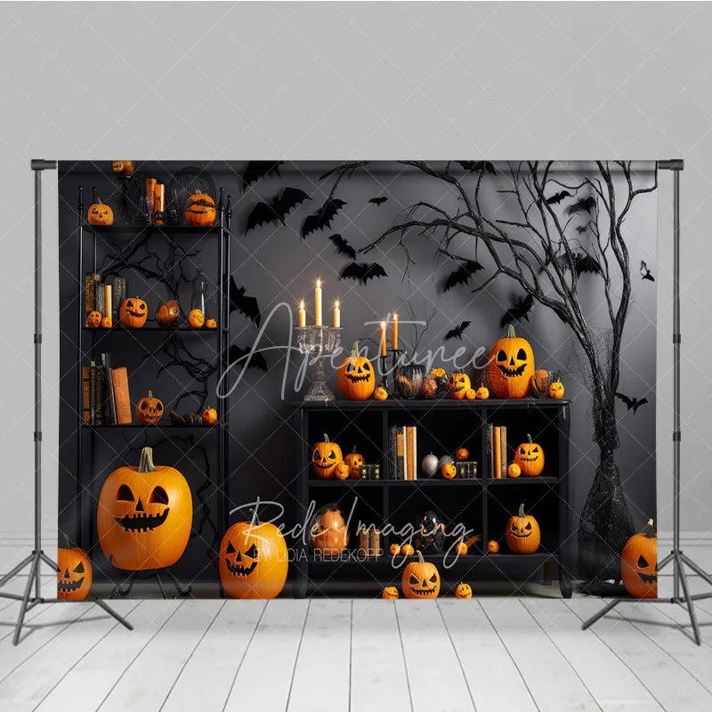 Aperturee - Aperturee Orange and Black Spooky Halloween Holiday Backdrop with Carved Pumpkins Flying Bats and Eerie Tree Decor