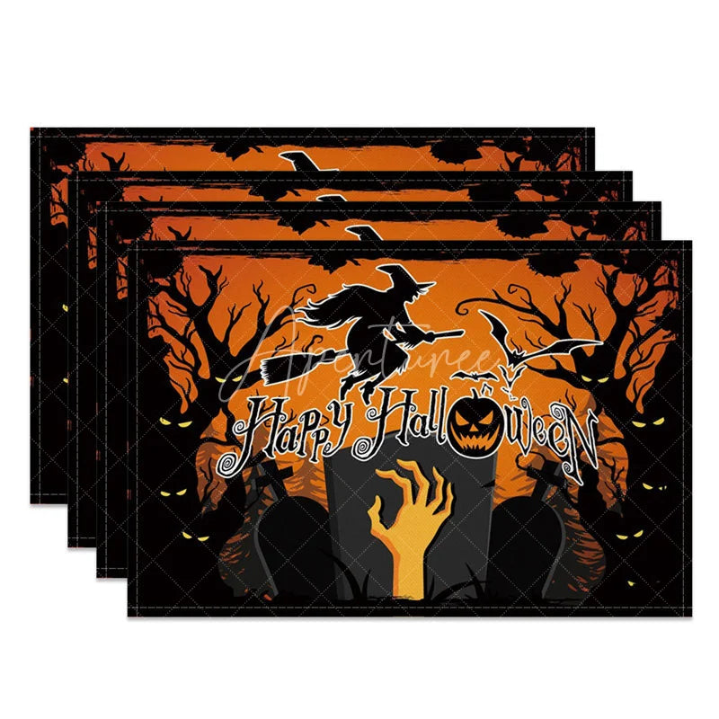 Aperturee - Aperturee Orange and Black Witch and Bats Halloween Set of 4 Placemats for Spooky Holiday Party Decorations