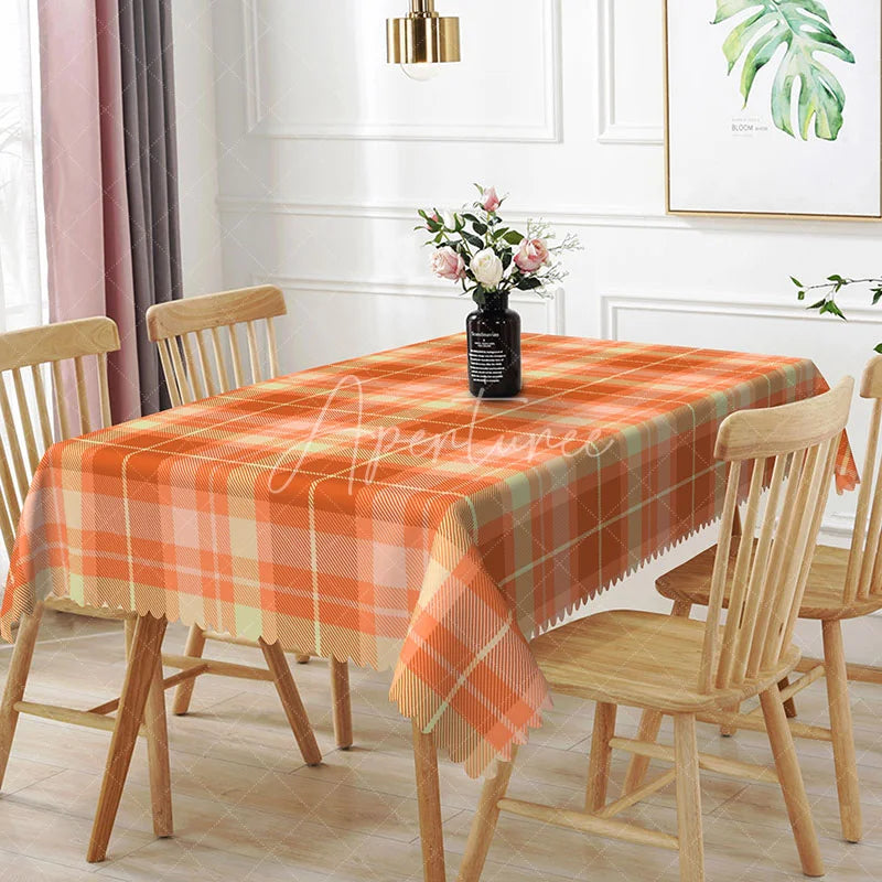 Aperturee - Aperturee Orange and Cream Plaid Rectangle Tablecloth Classic Tartan Grid Pattern Fall Harvest Kitchen Dining Decor