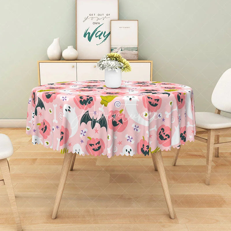 Aperturee - Aperturee Orange and White Jack-O’-Lantern Halloween Round Tablecloth for Spooky and Fun Holiday Party Decor