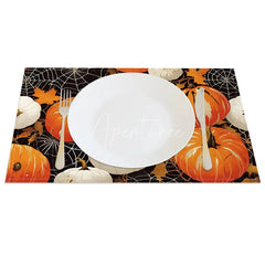Aperturee - Aperturee Orange and White Pumpkin and Spiderweb Set of 4 Placemats for Halloween and Fall Themed Decor