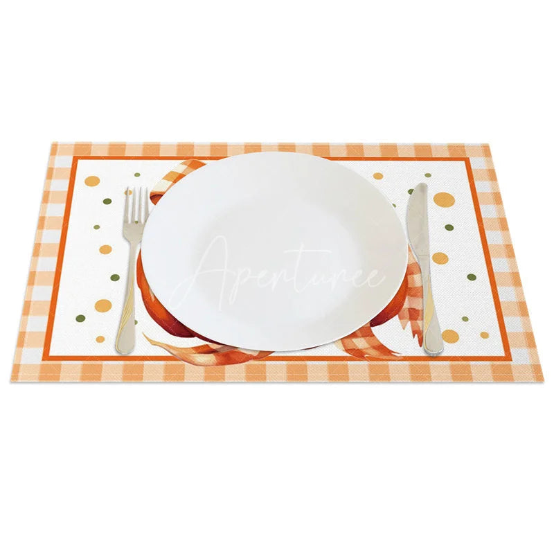 Aperturee - Aperturee Orange and White Pumpkin with Bow Set of 4 Placemats for Cute Fall and Autumn Themed Kitchen Decor