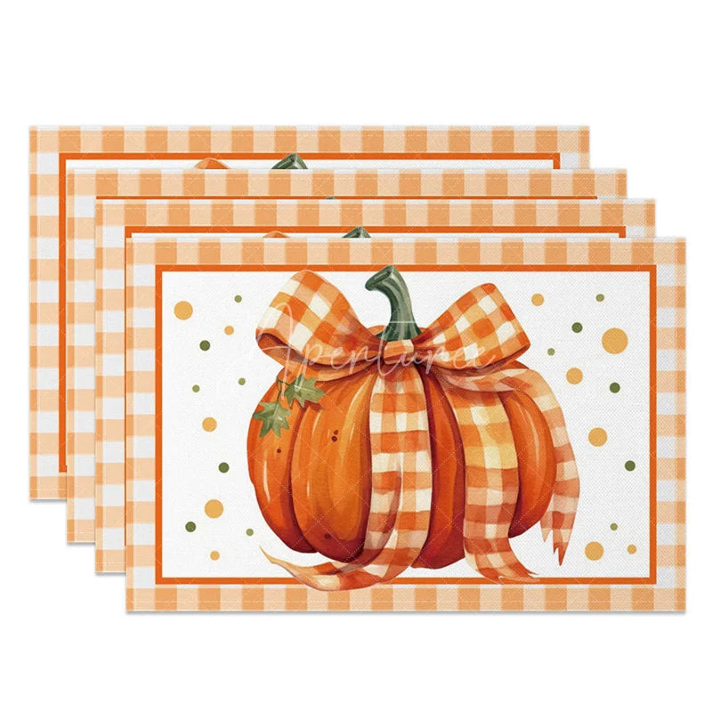 Aperturee - Aperturee Orange and White Pumpkin with Bow Set of 4 Placemats for Cute Fall and Autumn Themed Kitchen Decor