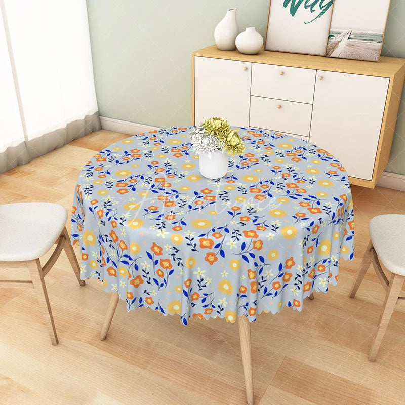 Aperturee - Aperturee Orange and Yellow Wildflower Meadow Round Tablecloth Fresh Blue Spring Floral Decor