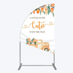 Aperturee - Aperturee Orange Citrus Greenery Half Moon Arch Backdrop with Rustic Truck A Little Cutie Is On The Way Baby Shower Decor