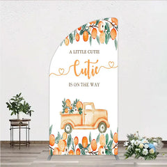 Aperturee - Aperturee Orange Citrus Greenery Half Moon Arch Backdrop with Rustic Truck A Little Cutie Is On The Way Baby Shower Decor