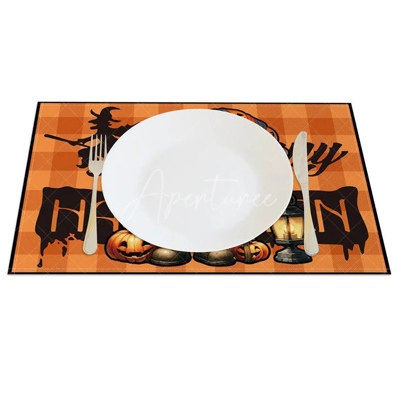 Aperturee - Aperturee Orange Halloween Gnome Set of 4 Placemats with Witch Silhouette for Fun and Spooky Holiday Decor
