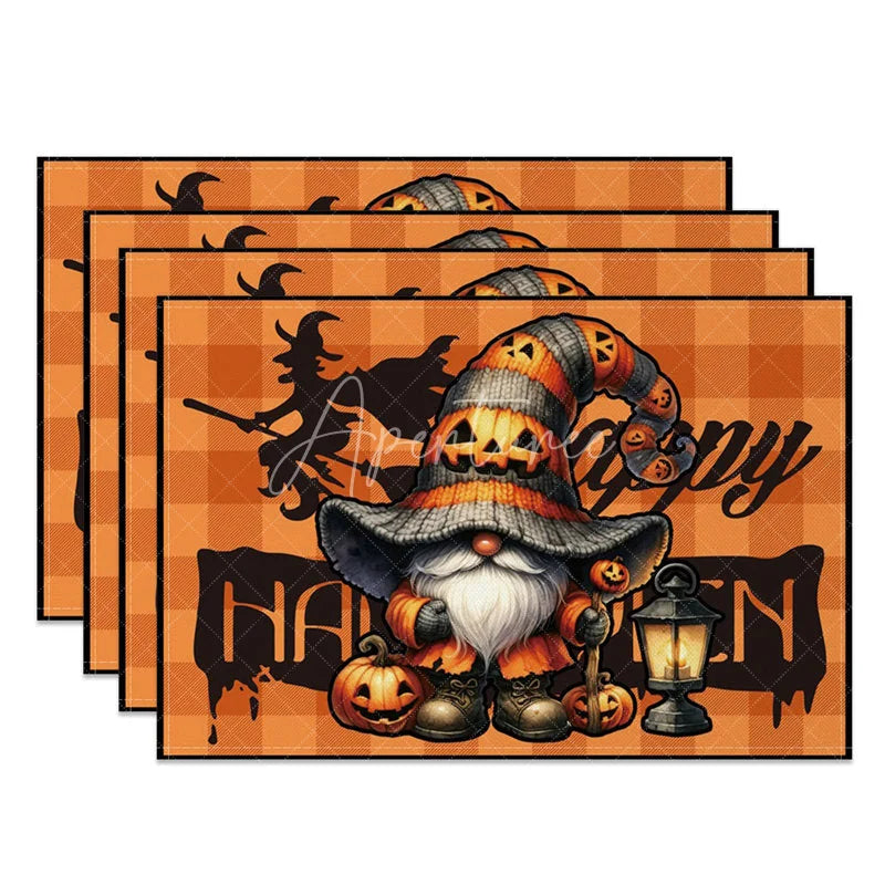 Aperturee - Aperturee Orange Halloween Gnome Set of 4 Placemats with Witch Silhouette for Fun and Spooky Holiday Decor