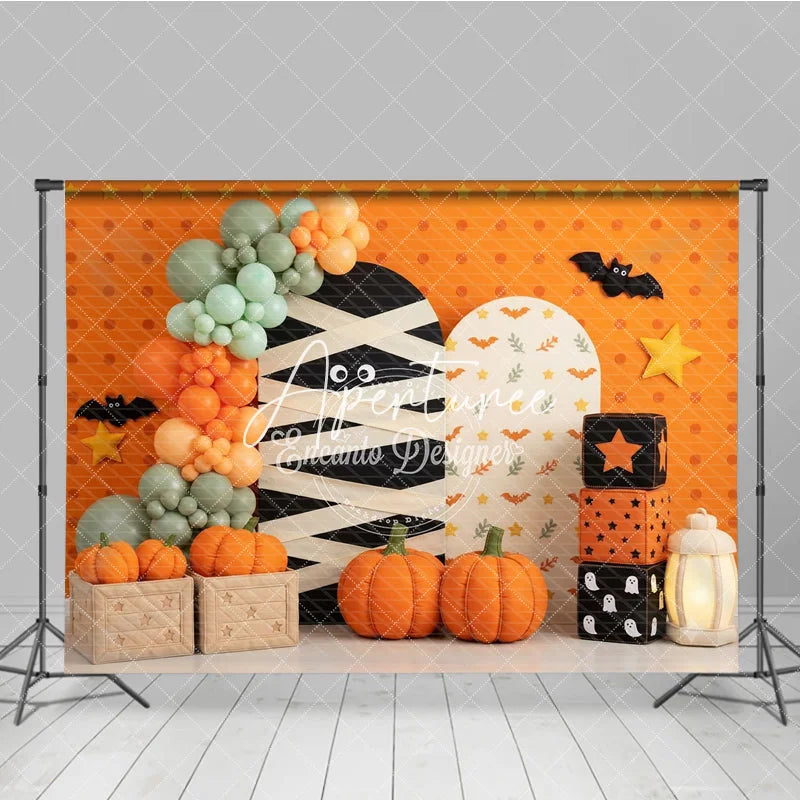 Aperturee - Aperturee Orange Halloween Mummy Photography Backdrop with Pumpkins and Balloons Kids Party Decor