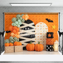 Aperturee - Aperturee Orange Halloween Mummy Photography Backdrop with Pumpkins and Balloons Kids Party Decor
