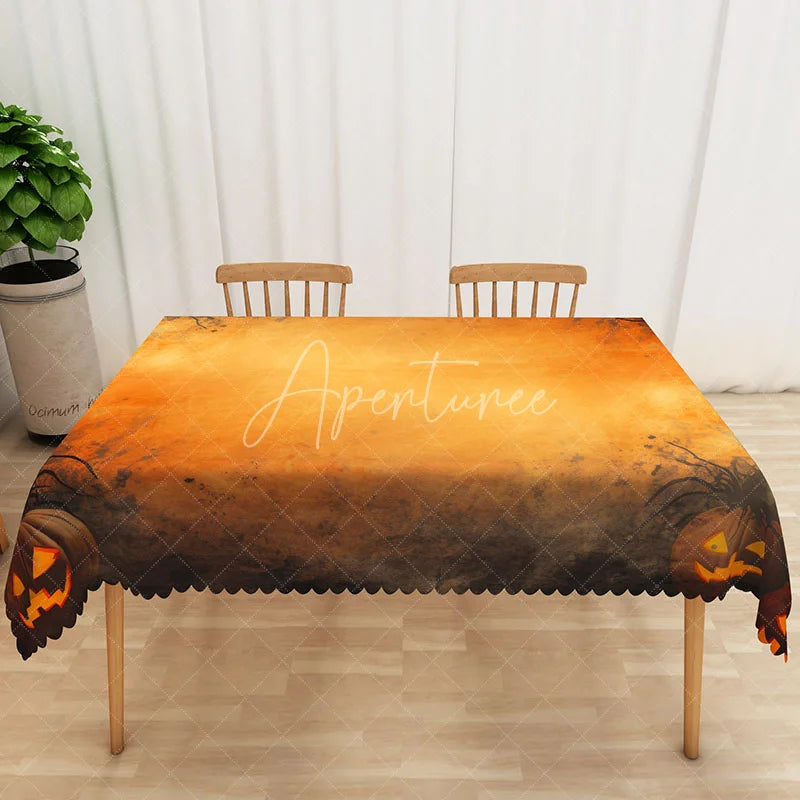 Aperturee - Aperturee Orange Halloween Rectangle Tablecloth with Carved Jack O’ Lanterns for Fall and Spooky Party Decorations