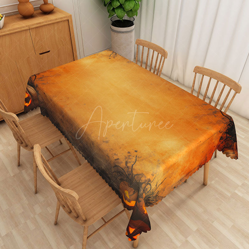 Aperturee - Aperturee Orange Halloween Rectangle Tablecloth with Carved Jack O’ Lanterns for Fall and Spooky Party Decorations