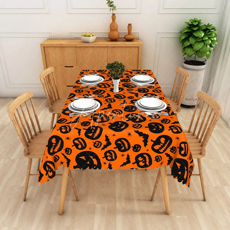 Aperturee - Aperturee Orange Halloween Rectangle Tablecloth with Jack O’ Lantern Print for Fall Harvest and Spooky Party Decor
