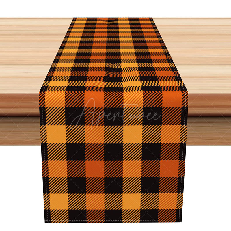 Aperturee - Aperturee Orange Plaid Autumn Table Runner Rustic Farmhouse Dining Decor Thanksgiving and Fall Harvest Kitchen Linen