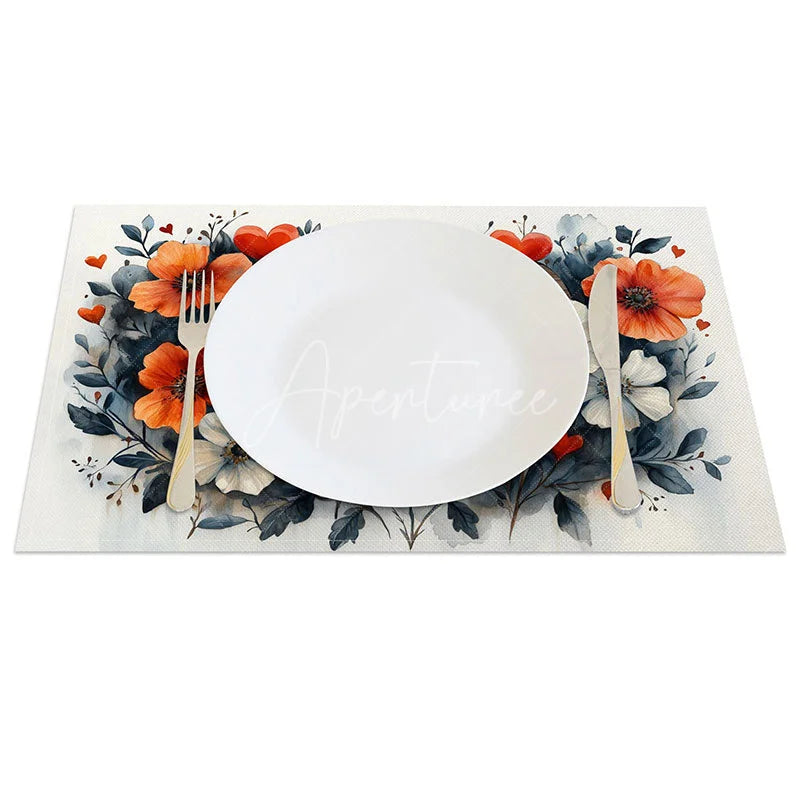 Aperturee - Aperturee Orange White Floral Heart Set of 4 Placemats Wooden Love Valentine Decoration Rustic Spring Table Mat
