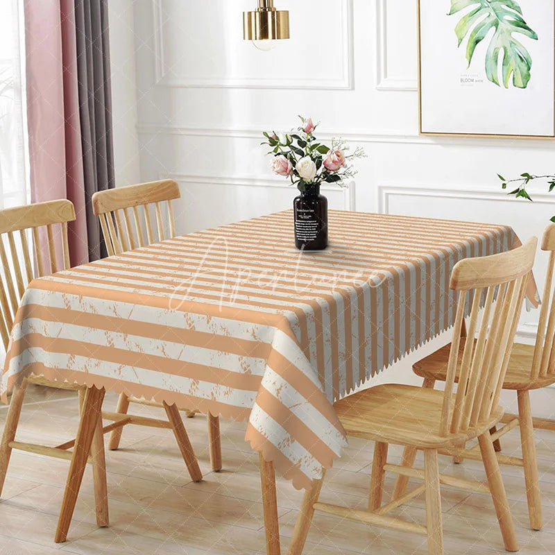 Aperturee - Aperturee Orange White Striped Rectangle Tablecloth Rustic Distressed Grunge Pattern Cover Modern Dining Room Decor