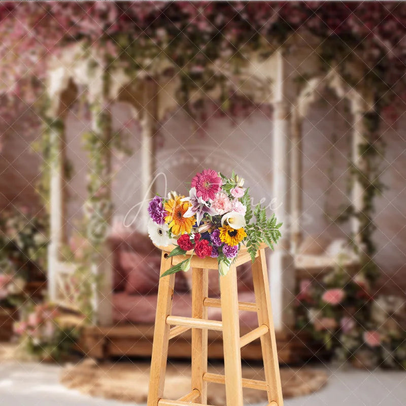 Aperturee - Aperturee Ornate Gazebo Photography Backdrop with Pink Cherry Blossoms and Lush Green Vines Romantic Spring Garden Floral Decor