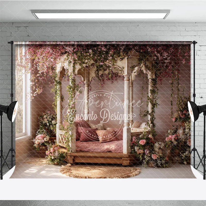 Aperturee - Aperturee Ornate Gazebo Photography Backdrop with Pink Cherry Blossoms and Lush Green Vines Romantic Spring Garden Floral Decor