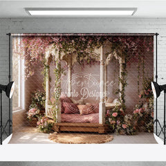 Aperturee - Aperturee Ornate Gazebo Photography Backdrop with Pink Cherry Blossoms and Lush Green Vines Romantic Spring Garden Floral Decor