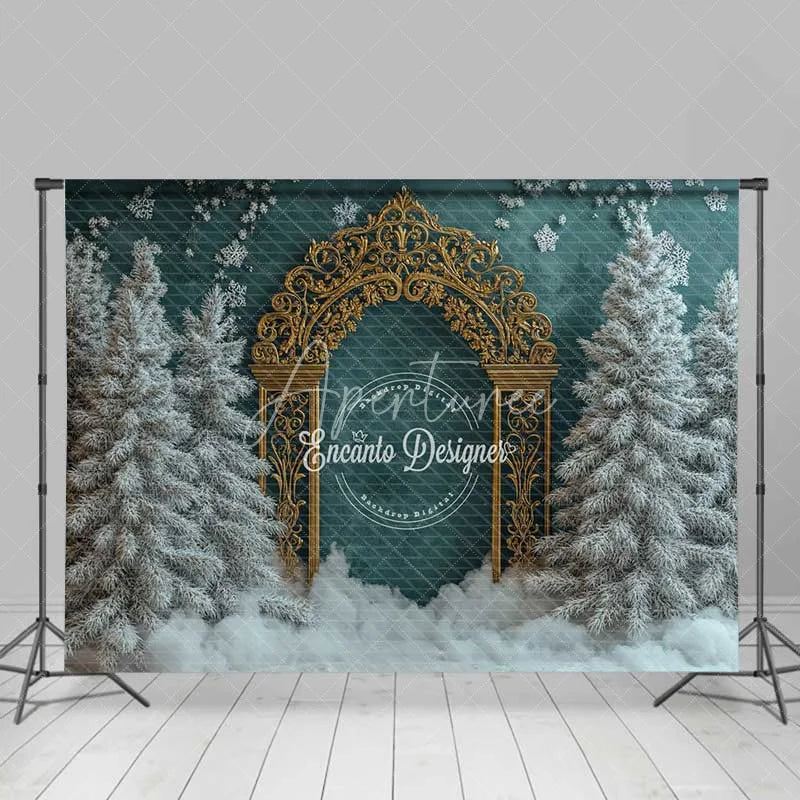 Aperturee - Aperturee Ornate Gold Arch Christmas Backdrop Winter Green Wall Snowy Tree Photography Background