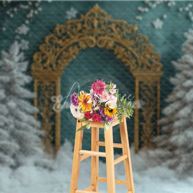 Aperturee - Aperturee Ornate Gold Arch Christmas Backdrop Winter Green Wall Snowy Tree Photography Background