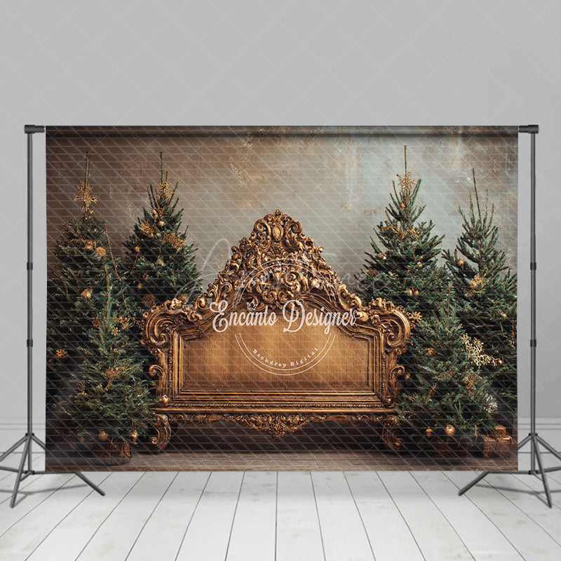 Aperturee - Aperturee Ornate Gold Baroque Bench Photography Backdrop Elegant Christmas Trees Royal Holiday Mini Session Background