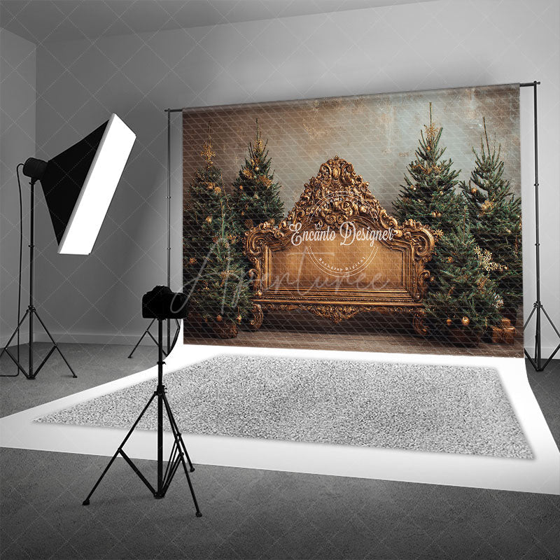 Aperturee - Aperturee Ornate Gold Baroque Bench Photography Backdrop Elegant Christmas Trees Royal Holiday Mini Session Background