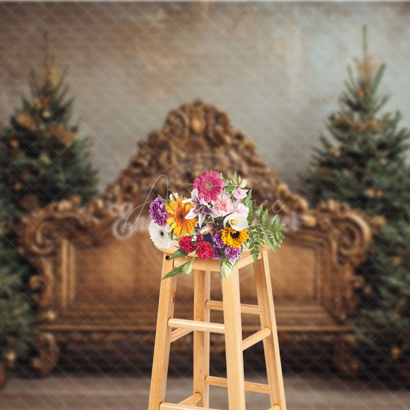 Aperturee - Aperturee Ornate Gold Baroque Bench Photography Backdrop Elegant Christmas Trees Royal Holiday Mini Session Background