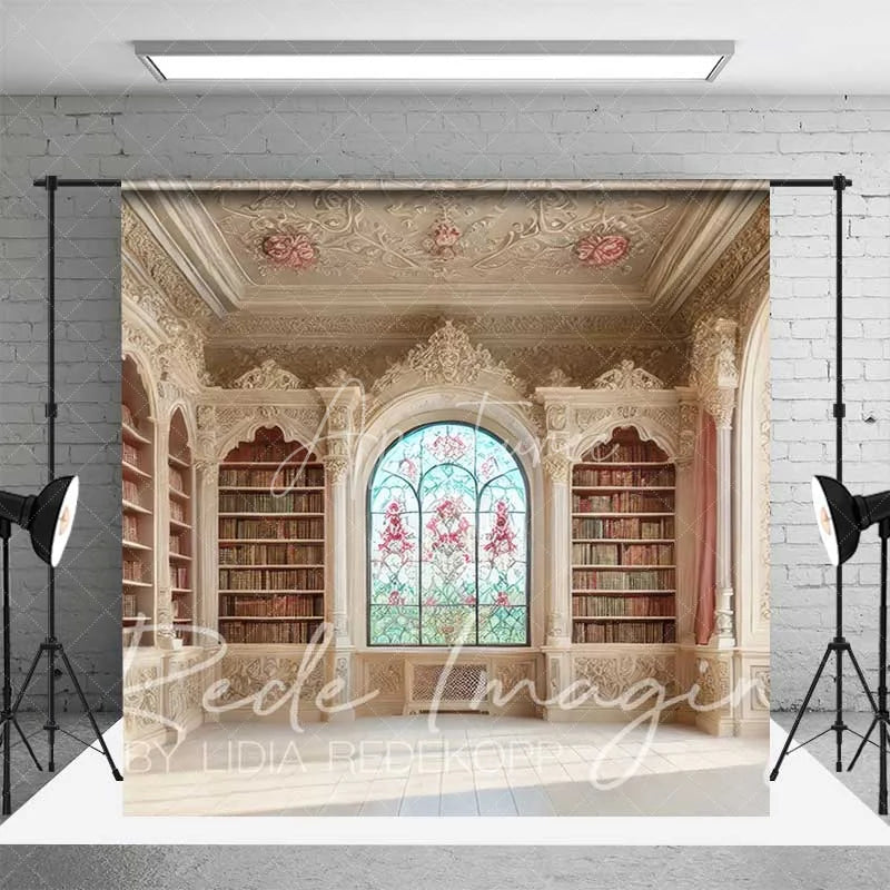 Aperturee - Aperturee Ornate Vintage Library Room Set Backdrop Elegant Arched Windows and Bookshelves Photo Background