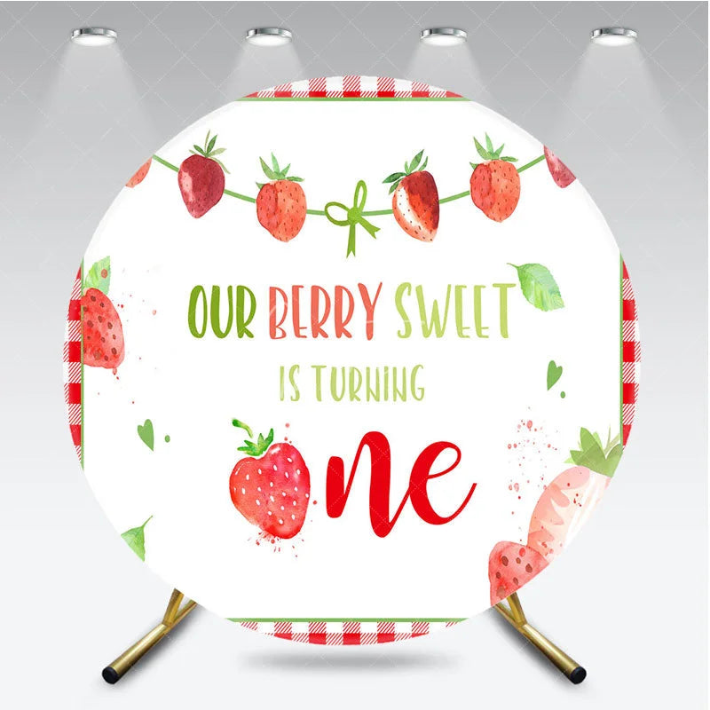 Aperturee - Aperturee Our Berry Sweet is Turning One Round Backdrop Strawberry 1st Birthday Party Decoration