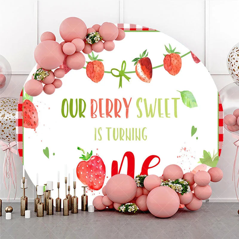 Aperturee - Aperturee Our Berry Sweet is Turning One Round Backdrop Strawberry 1st Birthday Party Decoration