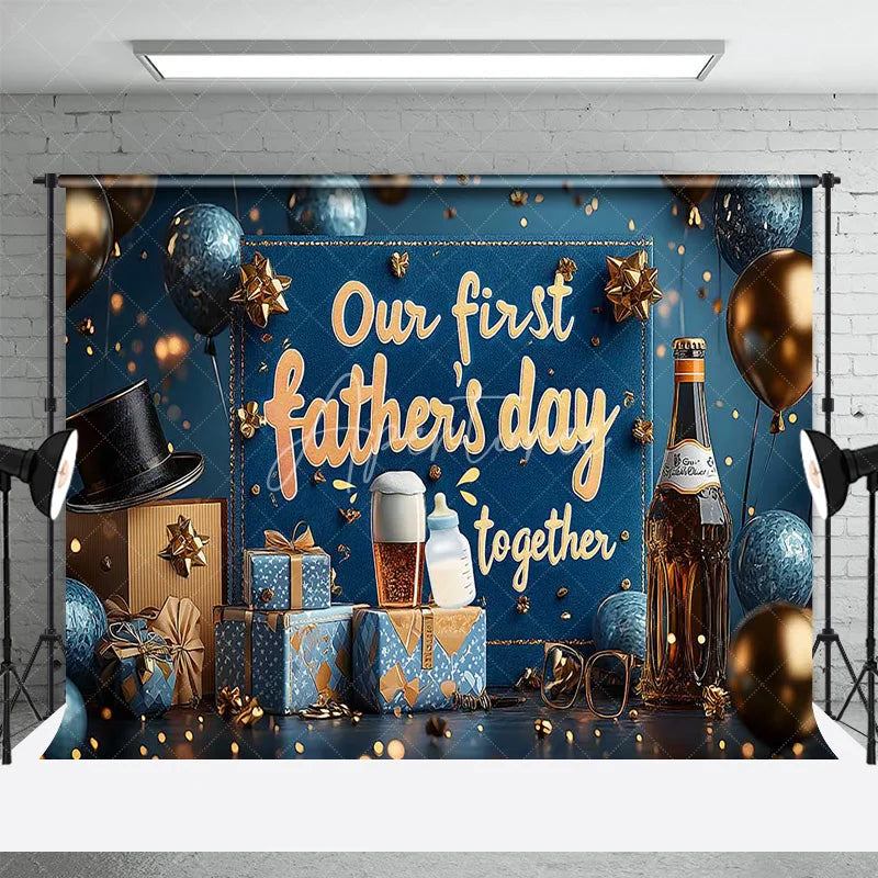 Aperturee - Aperturee Our First Fathers Day Together Combo Set Backdrop Navy Blue and Gold Balloons Beer Bottle Photography Background