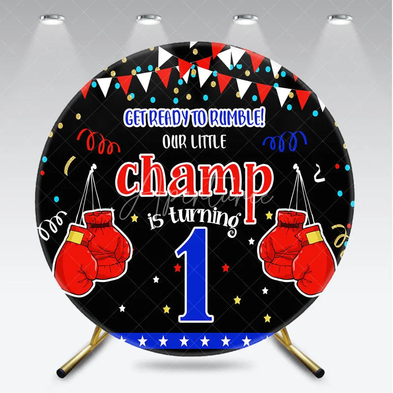 Aperturee - Aperturee Our Little Champ is Turning One Round Backdrop Boxing First Birthday Party Get Ready to Rumble Sports Decor