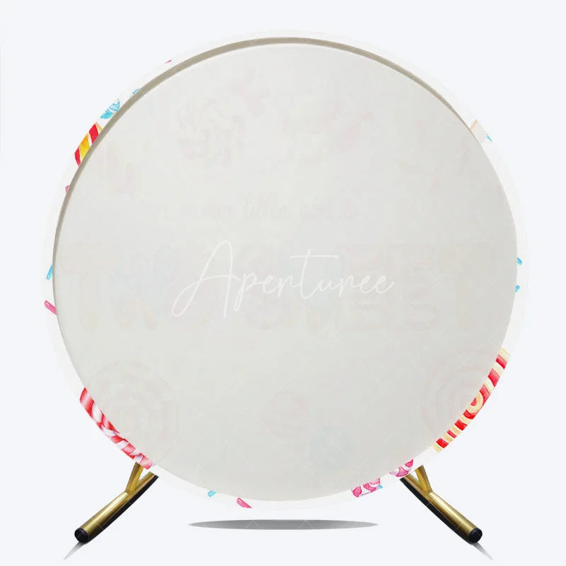 Aperturee - Aperturee Our Little Girl is Two Sweet Round Backdrop 2nd Birthday Candyland Theme Donut and Lollipop Party Decor