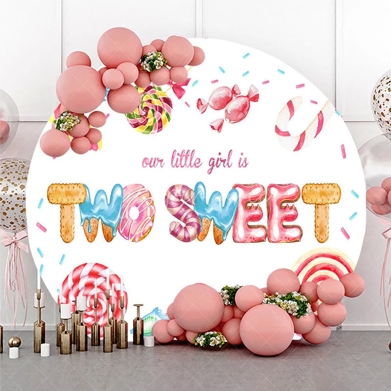 Aperturee - Aperturee Our Little Girl is Two Sweet Round Backdrop 2nd Birthday Candyland Theme Donut and Lollipop Party Decor