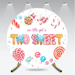 Aperturee - Aperturee Our Little Girl is Two Sweet Round Backdrop 2nd Birthday Candyland Theme Donut and Lollipop Party Decor