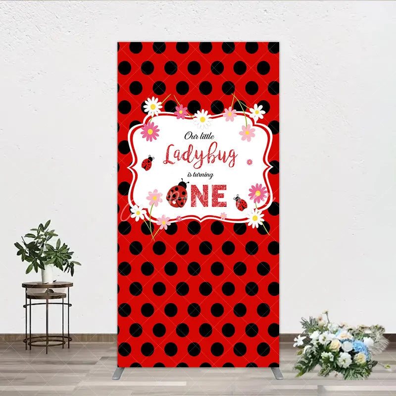 Aperturee - Aperturee Our Little Ladybug is Turning One Rectangle Backdrop Red and Black Polka Dot First Birthday Cute Insect Party Decor