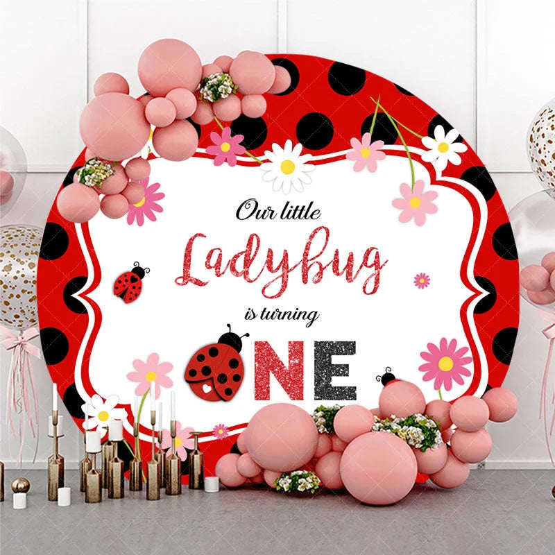 Aperturee - Aperturee Our Little Ladybug is Turning One Round Backdrop Red and Black Polka Dot First Birthday Cute Insect Party Decor